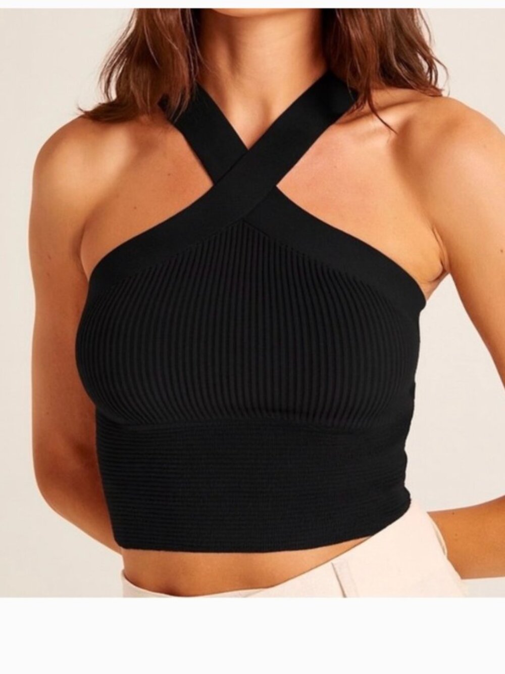 Abercrombie & Fitch Ribbed Knit Crop Tank XS Black Ottoman Twist High Neck